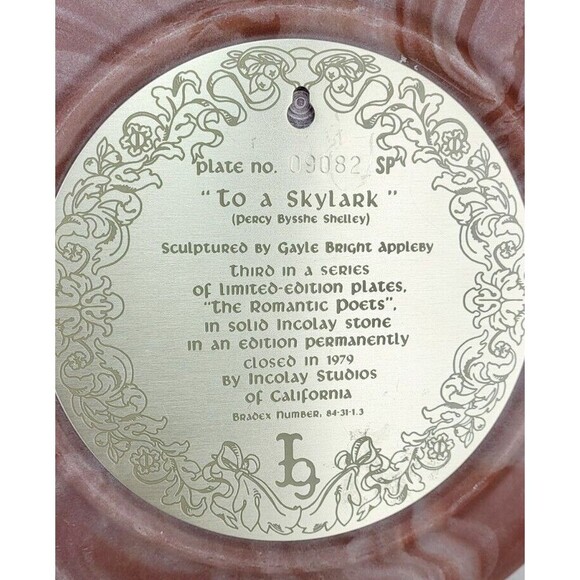 Vintage 1979 Pink Solid Incolay Stone "To A Skylark" 3D Decorative Plate - Picture 7 of 7